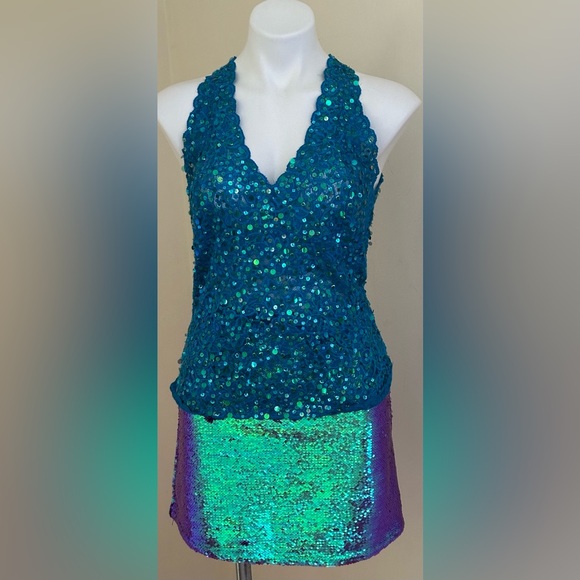 Wild Fable Flip Purple Blue Sequence MiniSkirt With blue green black Purse Sz XS - Picture 5 of 16